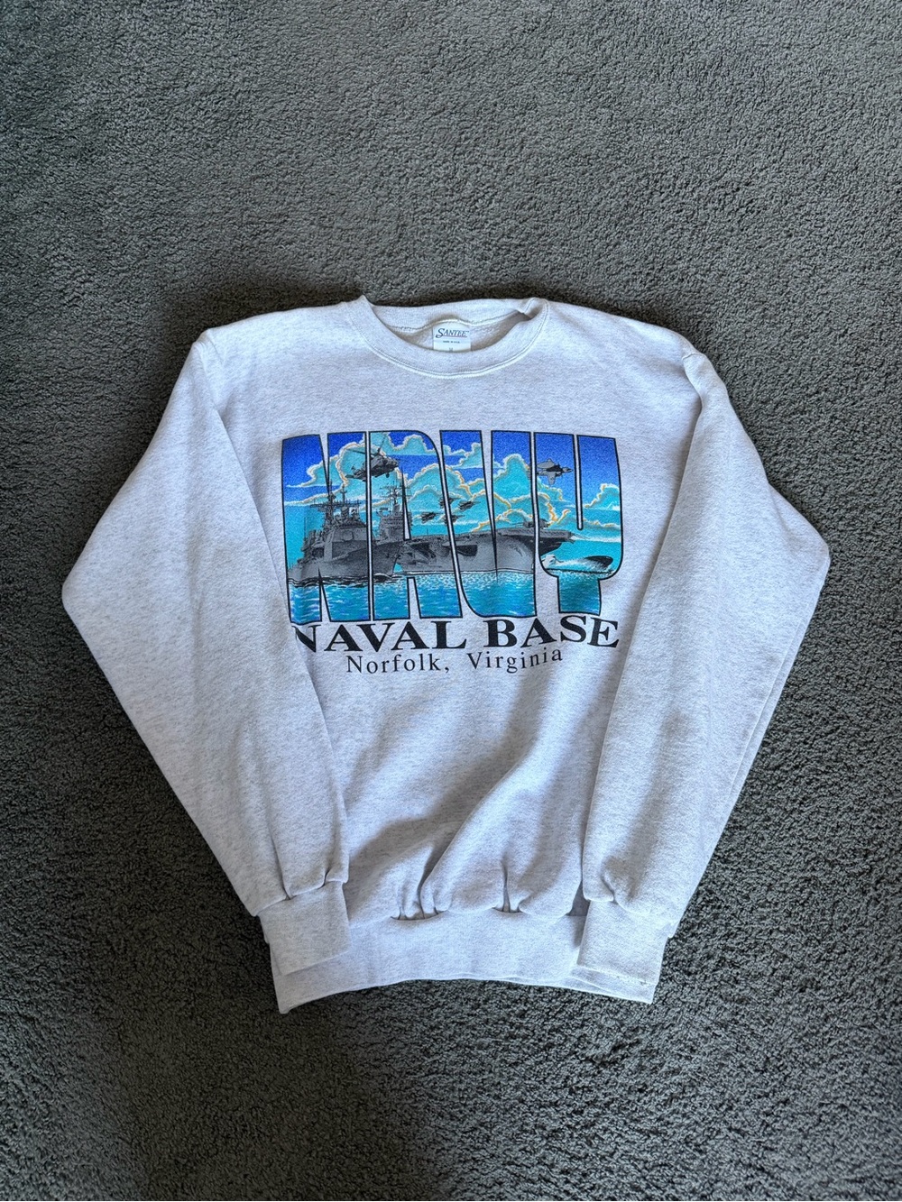 Salvage Vintage Medium Light Gray Crewneck with Blue Naval Base Graphic